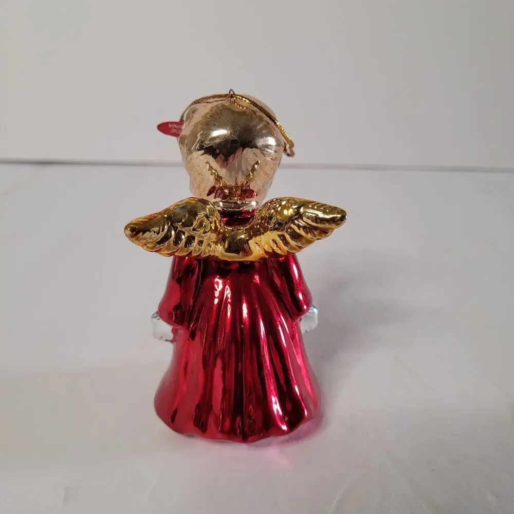 Angel Bell Christmas Ornament - Blond Hair, Red Dress, Gold Wings